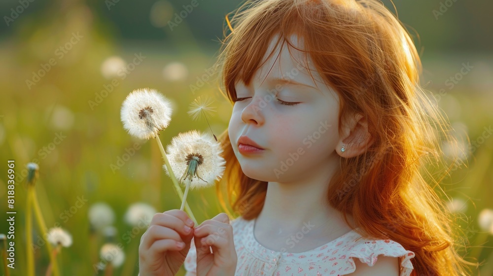 Beautiful redhead little girl blowing dandelion in green field Beautiful redhead little girl blowing dandelion in green field