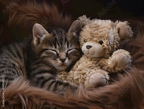 Cuddly Kitten Embracing Plush Companion in Cozy Slumber © Natanong