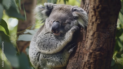 Cuddly Koala Napping Peacefully on Eucalyptus Branch in Lush Forest