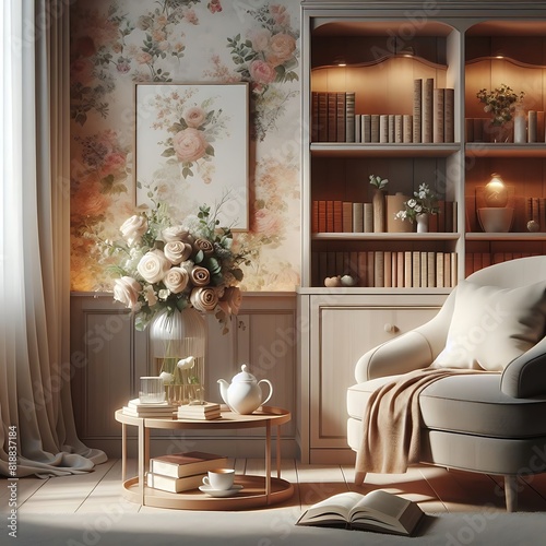 A Room with a mockup poster empty white and with a bookcase and a chair art meaning used for printing realistic harmony.