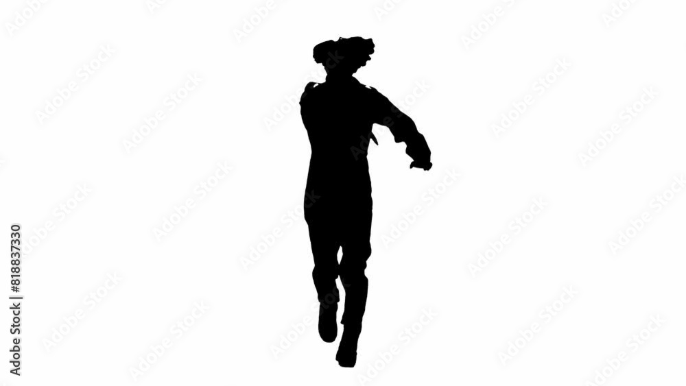 Black silhouette of maniac man in jumpsuit running with knife in hand. Unrecognizable man with curly hair on white isolated background. Black silhouette of maniac man in jumpsuit running with knife in hand. Unrecognizable man with curly hair on white isolated background.