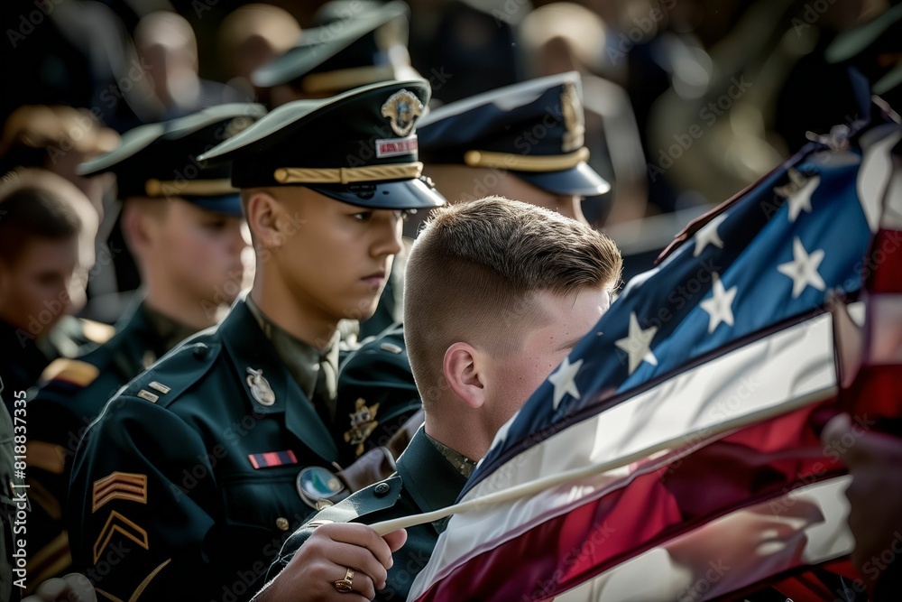 A soldier holds an american flag during a ceremony. A soldier holds an american flag during a ceremony.