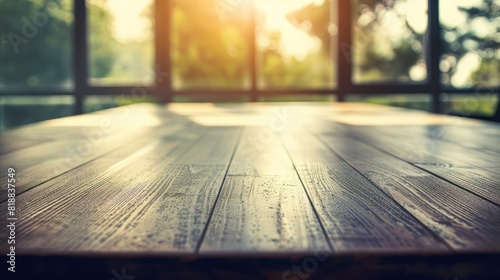 Sunlight streams across an empty wooden table with a soft focus of nature in the background photo