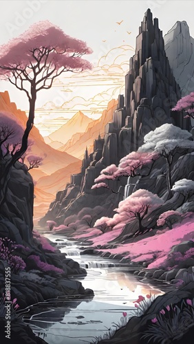 Sunrise Over Serene River Flowing Through Blooming Forest: A Mystical Japanese Landscape Painting © pajus