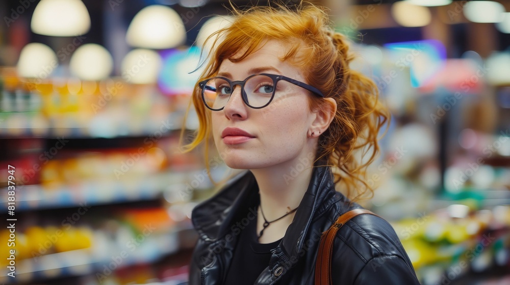 A woman with red hair and glasses standing in a grocery store.