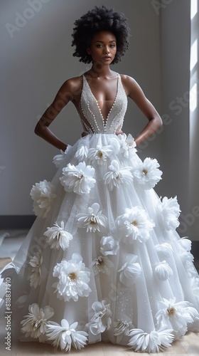 A model wearing a white wedding dress with flowers.