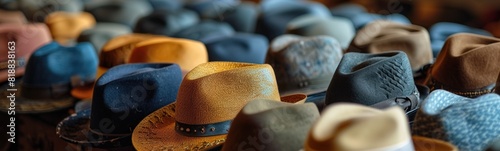 Several hats are lined up on a shelf in a room. Banner photo