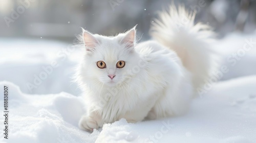 Beautiful white fluffy turkish angora cat on snow background © Vladyslav  Andrukhiv