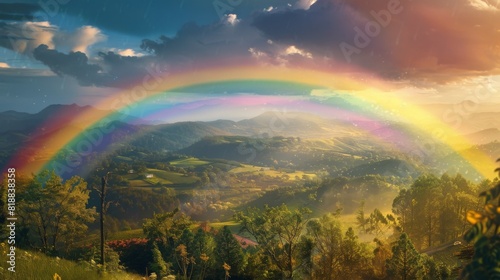 Close-up of a colorful rainbow arching over a picturesque countryside landscape