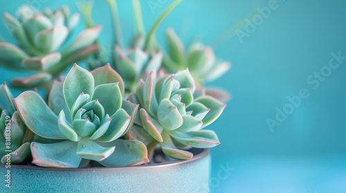 Wallpaper Mural A close-up image of succulent plants with fleshy leaves in a blue pot against a soft blue background, highlighting texture and color Torontodigital.ca