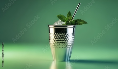 A mint julep cocktail in a silver cup, garnished with fresh mint leaves and a straw, isolated on a gradient background photo