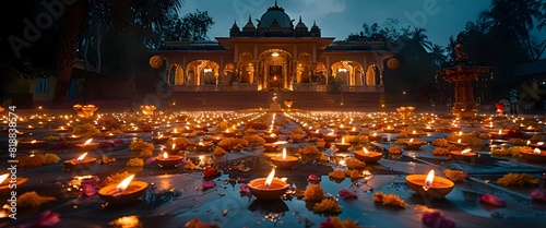 A night scene with an outdoor Diwali puja setup, illuminated by candles and diyas, creating a warm and spiritual atmosphere photo