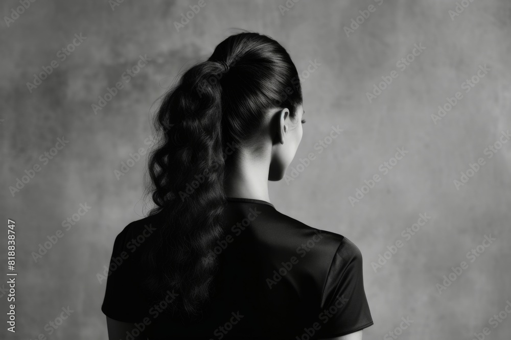black and white portrait of a beautiful young woman on a gray background in a black dress. retro style. view from behind with copy space.