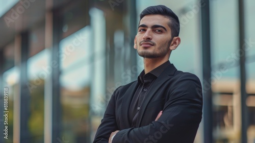 Young handsome businessman Arab Muslims is in the business center in black elegant dress on building