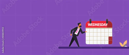 Flat vector illustration of a businessman standing and leaning on a giant calendar with the word 