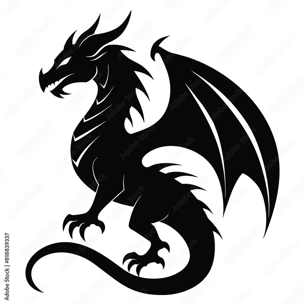 Fototapeta premium Black dragon isolated heraldic animal silhouette. Luxury monogram. Heraldry beast .Vector Graceful vintage animal symbol illustration legs and lion tail business card