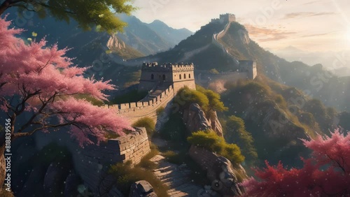 Explore the iconic Great Wall of China through this enchanting video illustration, capturing its sprawling presence and majestic watchtowers in exquisite detail. photo