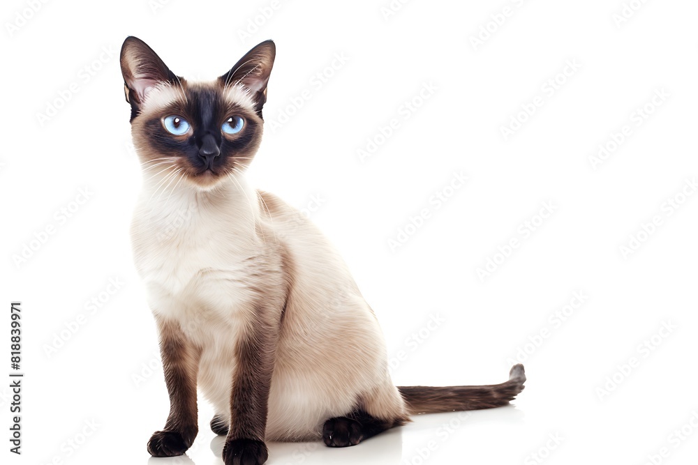 Elegant Siamese Cat with Blue Eyes Poses Gracefully on White Background