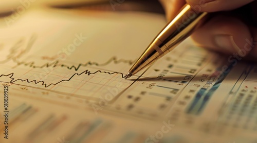Close-up of a hand pointing at a gold price graph on a printed report with a pen