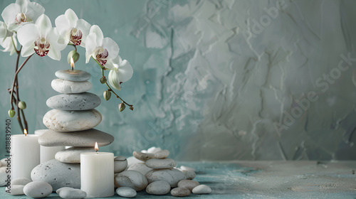 Zen stones with candles and white orchid flowers on green and gray background,  - Massage and Spa Concept #818839940