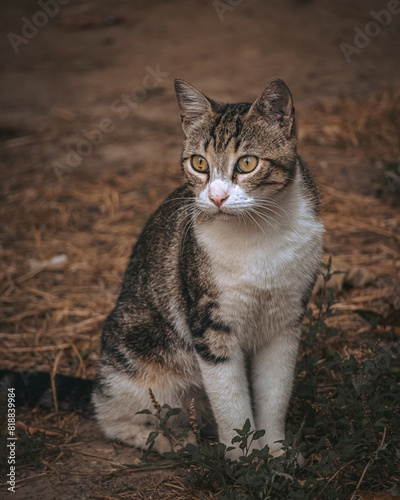 Grey and white tabby cat sitting on the ground looking with an attentive expression © Wirestock