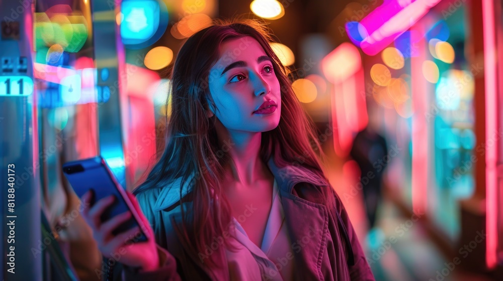Beautiful Young Woman Using Smartphone Walking Through Night City Street Full of Neon Light