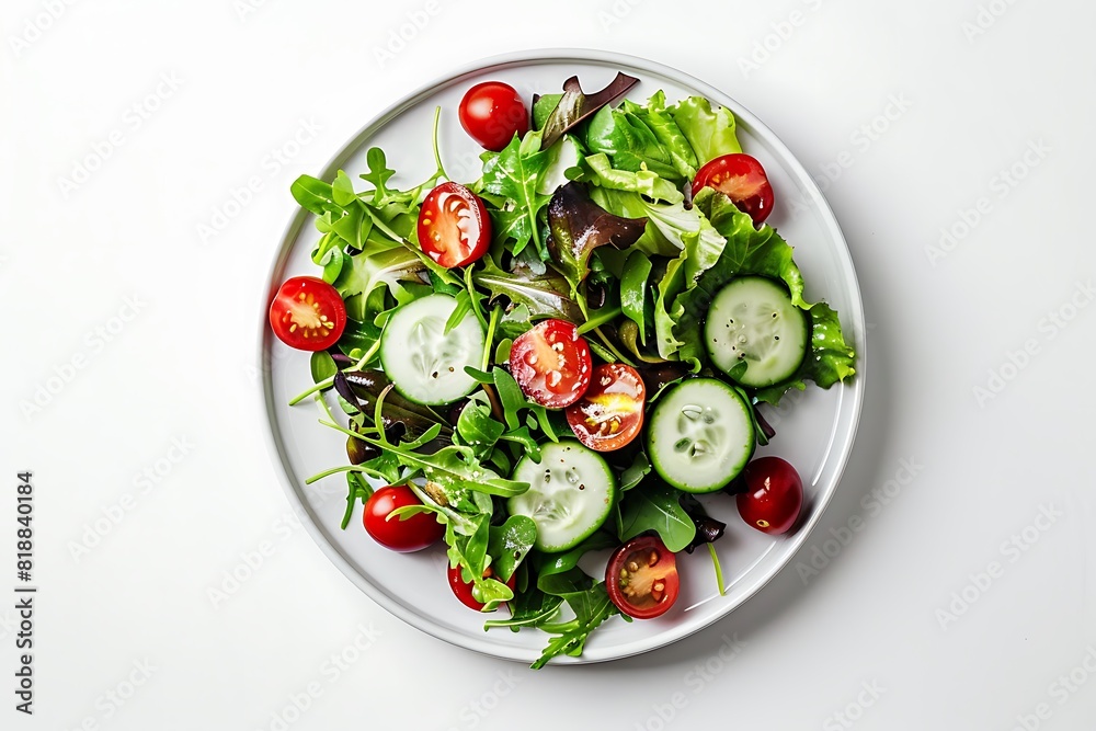 Fresh and Vibrant Salad with Mixed Greens, Cherry Tomatoes, and Cucumbers on White Plate Fresh and Vibrant Salad with Mixed Greens, Cherry Tomatoes, and Cucumbers on White Plate