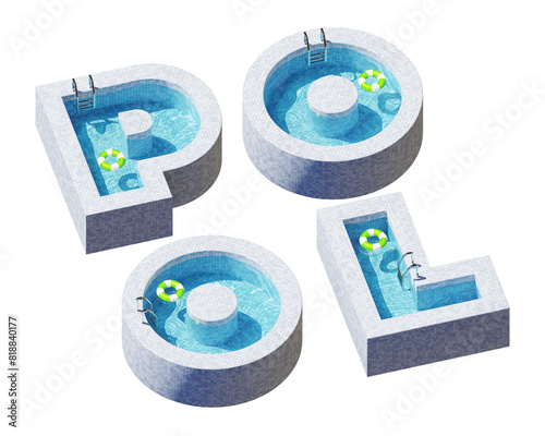 3D swimming pool letters with blue water, tiles and green pool ring