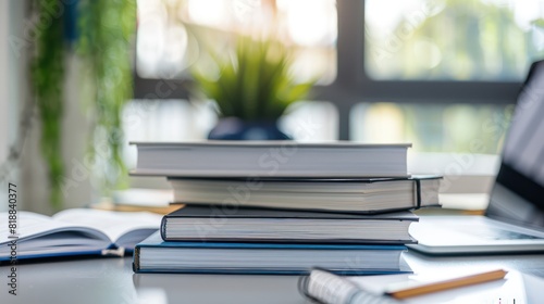 A focused view on a pile of books on a study desk with blurred laptop and plant in the background