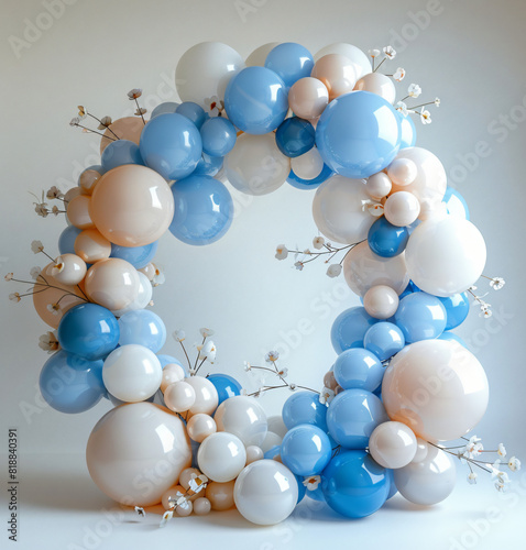 a stunning balloon garland arch with pastel blue and ivory balloons against a crisp white background. Vary the sizes of the balloons for depth, securing them to a sturdy frame or flexible piping. Hang