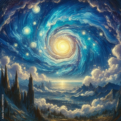 Painting of A swirling portal in the sky with a view of another galaxy at starry night