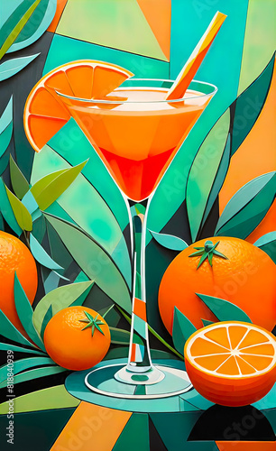 orange with green foliage in the background, art painting in cubism style, cocktail cross hatch, background for smartphone, giclee for print and design photo