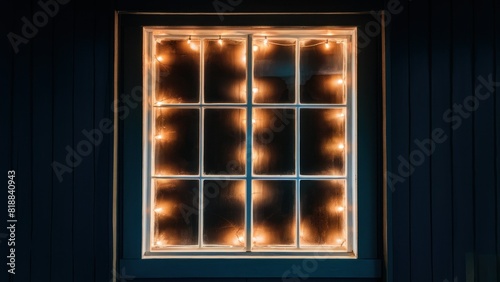 a window pane lit by lights in a dark room