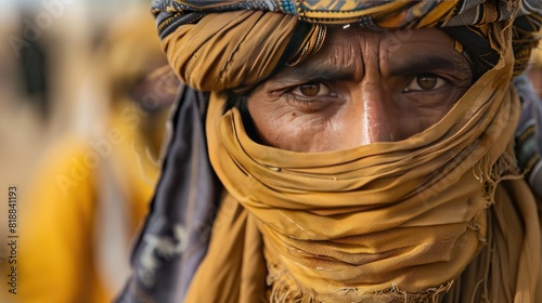 Berber man wearing traditional tuareg clothes on camel market. photo