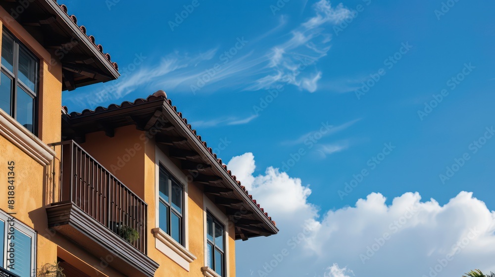 Orange residential building under a clear blue sky with wispy clouds, focusing on architectural details Orange residential building under a clear blue sky with wispy clouds, focusing on architectural details