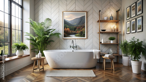 Close-Up Photo of Scandinavian Bathtub with Wall Art Over It  Highlighting Minimalist Design  Clean Aesthetics  and Modern Bathroom Decor