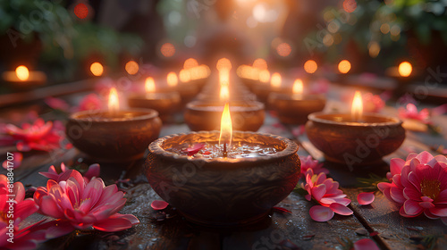 A row of diyas arranged in a traditional pattern  casting a warm glow