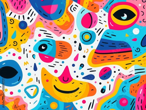 Vibrant abstract pattern with colorful shapes and expressive faces  perfect for creative designs and modern art projects.