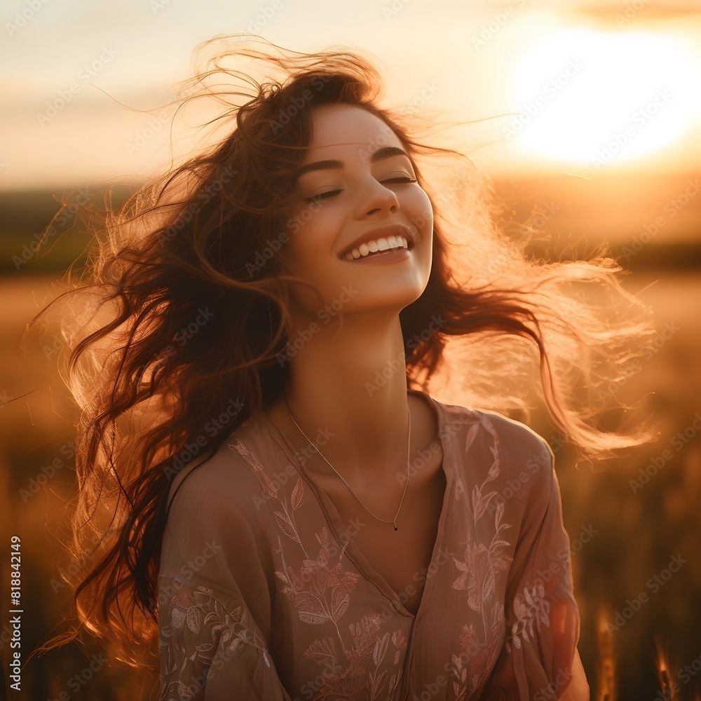 A beautiful woman smiles happily against the background of a field. Generative AI. A beautiful woman smiles happily against the background of a field. Generative AI.