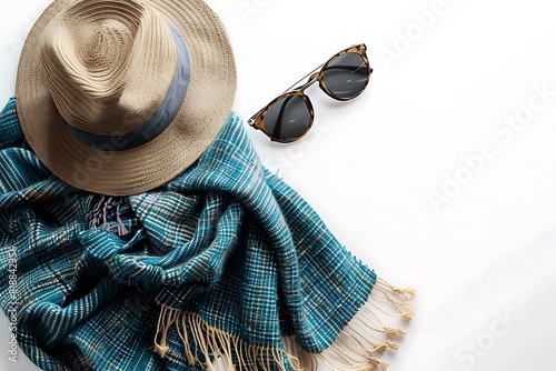 Stylish Travel Essentials - Hat, Scarf, and Sunglasses on White Background