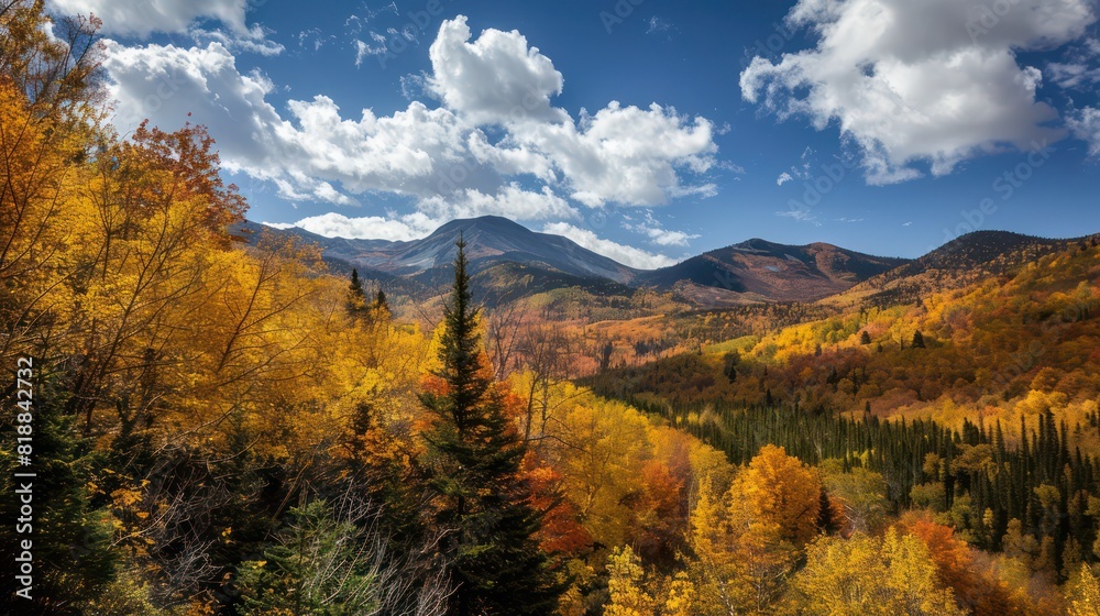 This image features a breathtaking autumn scene with vibrant fall colors sweeping through the trees against a backdrop of majestic mountains and a dynamic sky This image features a breathtaking autumn scene with vibrant fall colors sweeping through the trees against a backdrop of majestic mountains and a dynamic sky