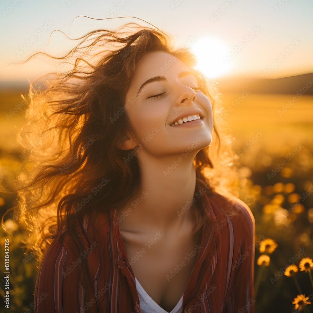 A beautiful woman smiles happily against the background of a field. Generative AI. A beautiful woman smiles happily against the background of a field. Generative AI.