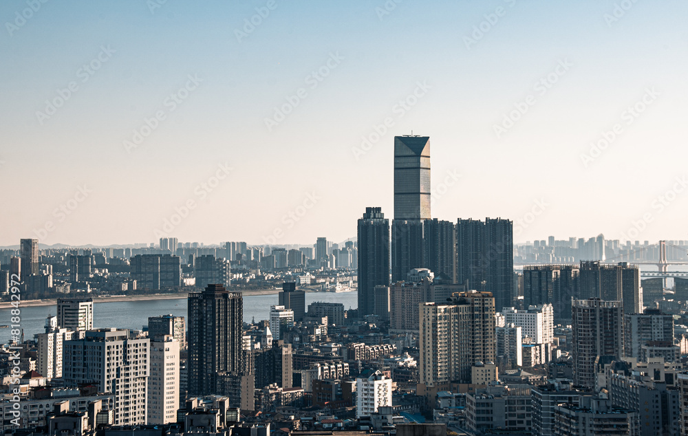 Fototapeta premium The clear sky, the magnificent skyscrapers on the Wuhan skyline have a modern appearance