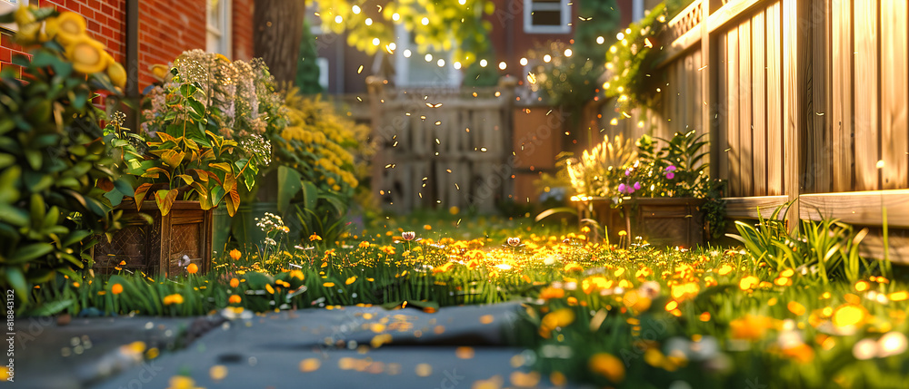 Nighttime Garden Illuminated with Fairy Lights, Magical Atmosphere in a Blooming Spring Setting Nighttime Garden Illuminated with Fairy Lights, Magical Atmosphere in a Blooming Spring Setting