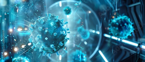 Concept of immunity visualized as a strong shield protecting against viruses, emphasizing health focus on, medical, futuristic, Overlay, laboratory backdrop