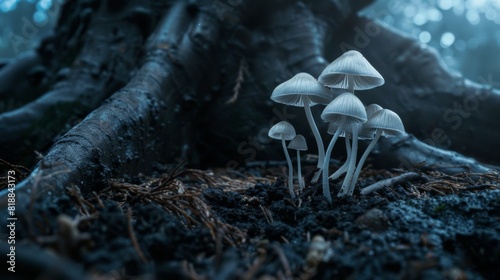 Close-up of delicate mushrooms growing on the damp soil around the roots of a tree