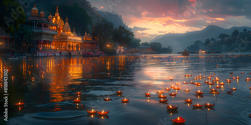 A serene riverside scene with a small shrine and devotees performing Diwali puja, illuminated by floating diyas photo