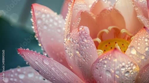 Close-up of dew drops clinging to the delicate stamen of a blooming lotus flower