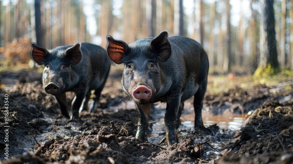 Black domestic pigs in the mud in a forest on a sunny day. Black domestic pigs in the mud in a forest on a sunny day.