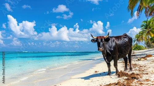  Black domestic cow standing on a tropical beach on a sunny summer day.